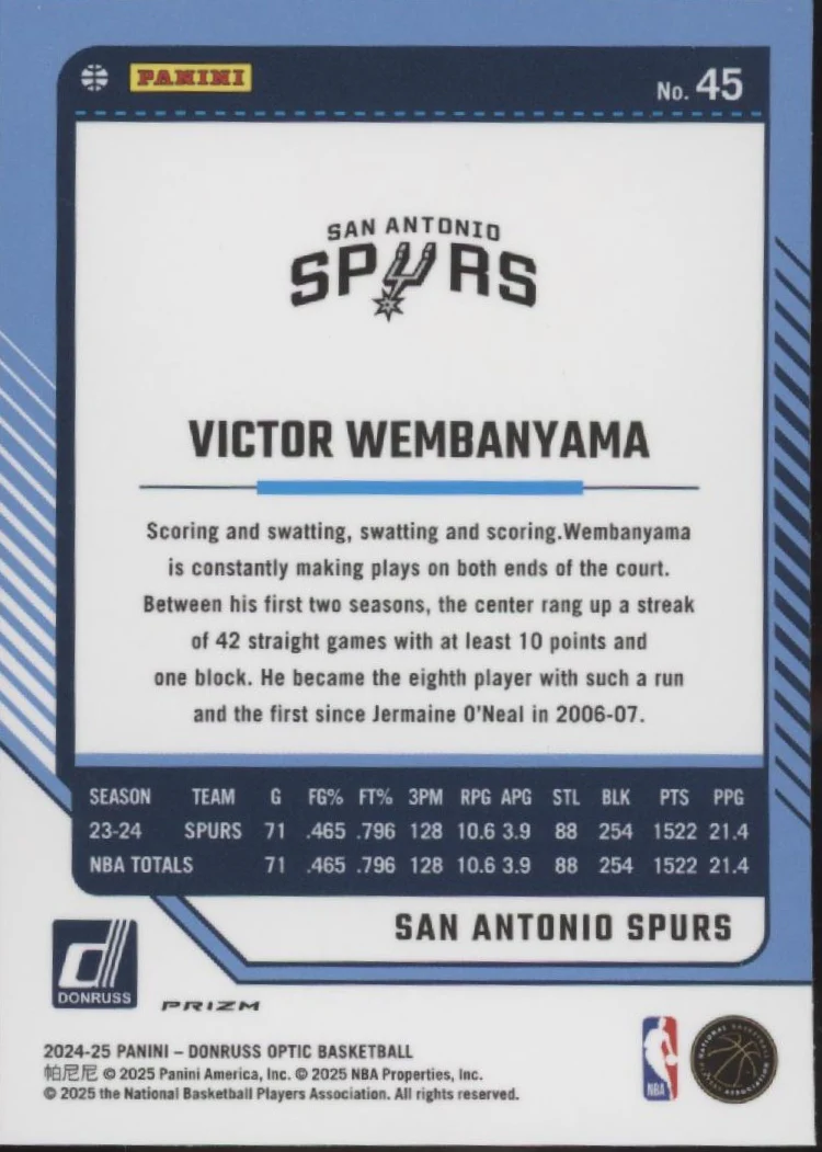 Victor Wembanyama 2024-25 Panini Donruss Optic Purple Shock Prizm #45 - Image 2