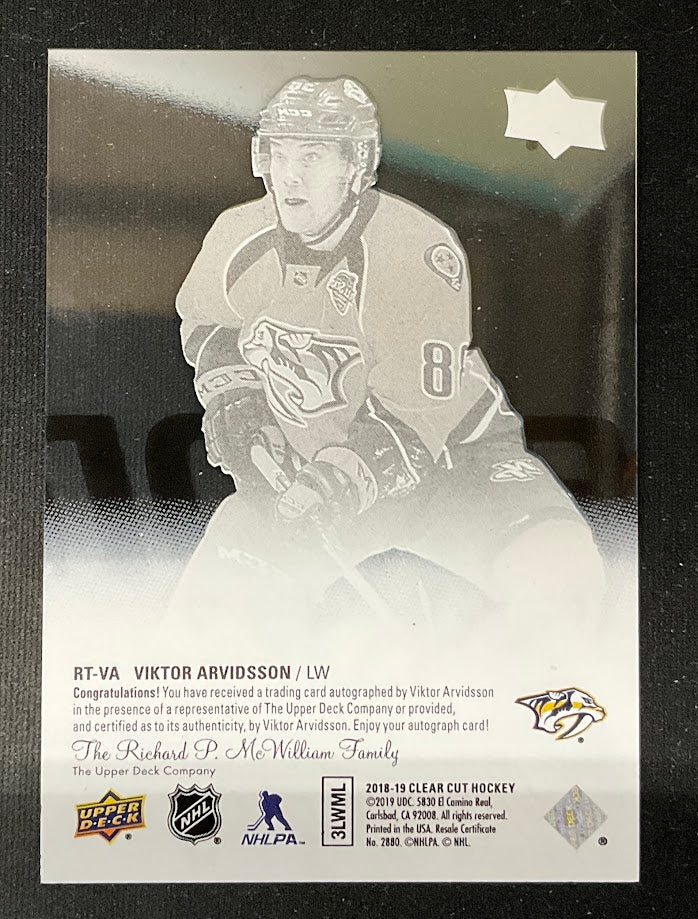 Viktor Arvidsson 2018-19 Upper Deck Clear Cut Young Guns Clear Card RC Auto - Image 2