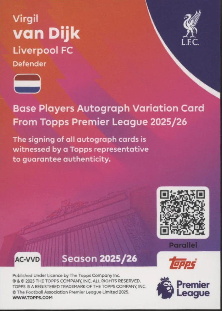 Virgil Van Dijk 2025-26 Topps Premier League Black & White Holo Auto 17/75 - Image 2