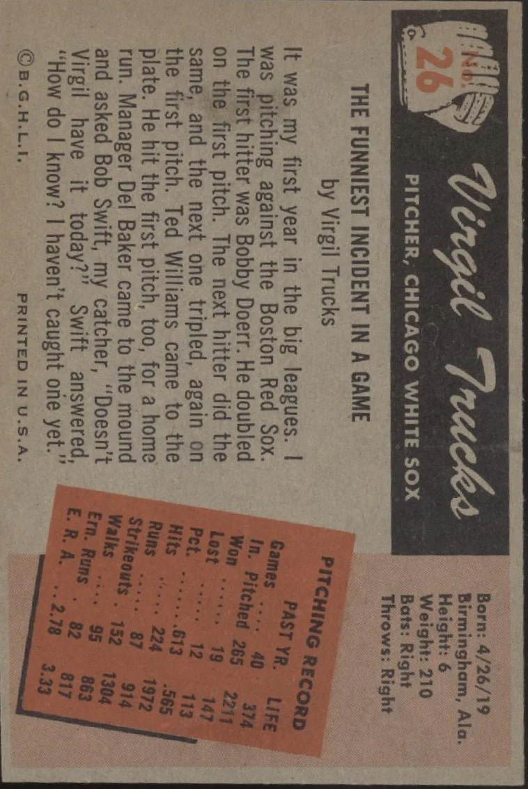 Virgil Trucks 1955 Bowman #26 Chicago White Sox EX - Image 2