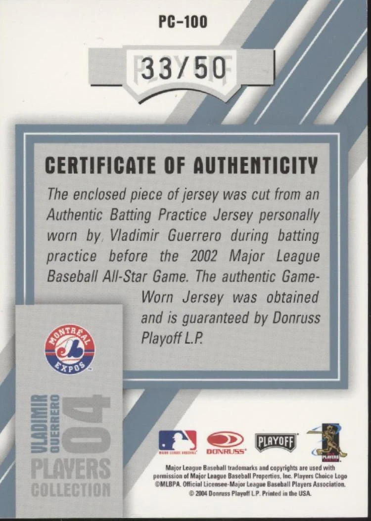 Vladimir Guerrero 2004 Playoff Prestige Players Collection 04 Swatch 33/50 - Image 2