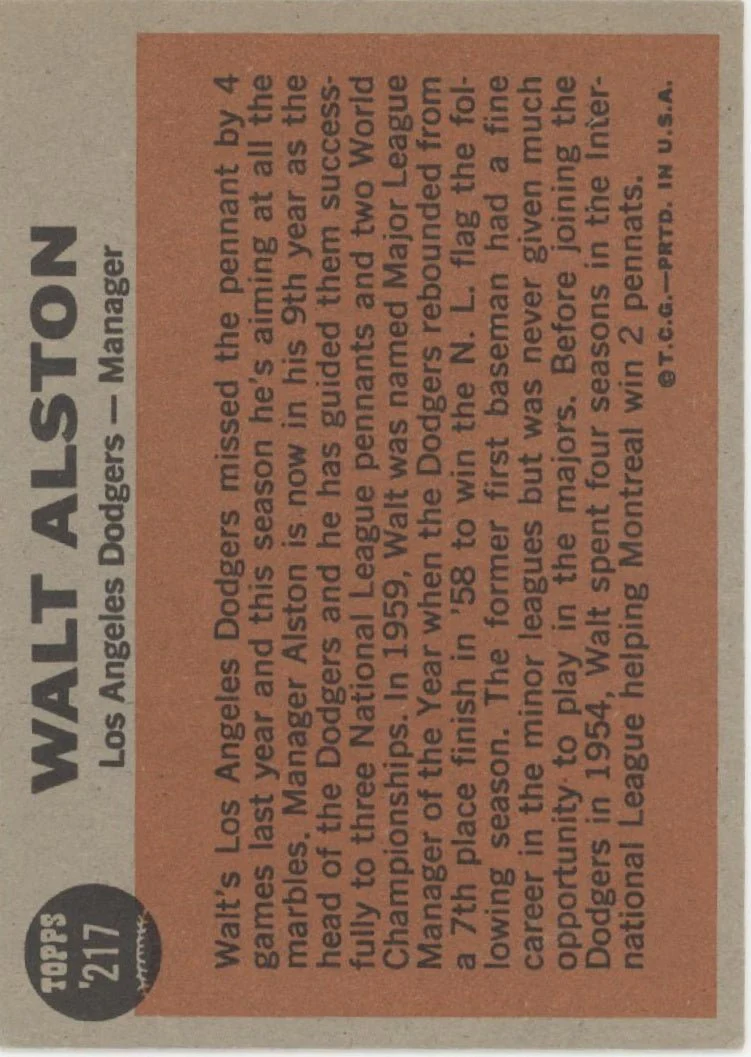 Walt Alston 1962 Topps #217 Los Angeles Dodgers VG - Image 2