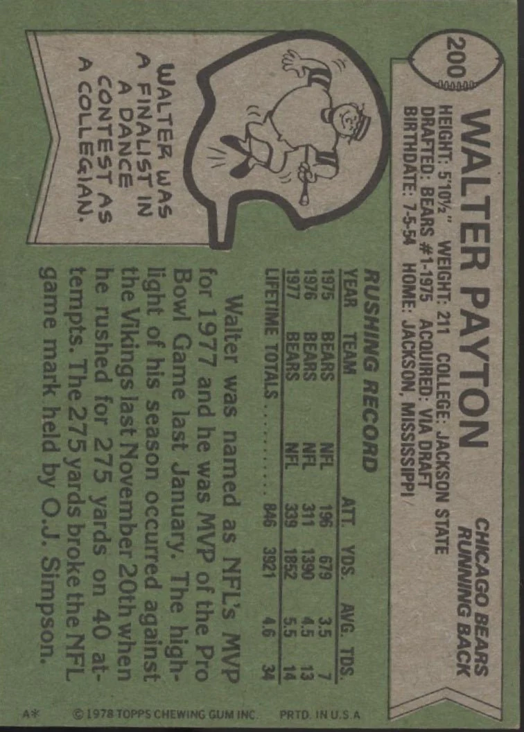 Walter Payton 1978 Topps #200 Chicago Bears VG - Image 2