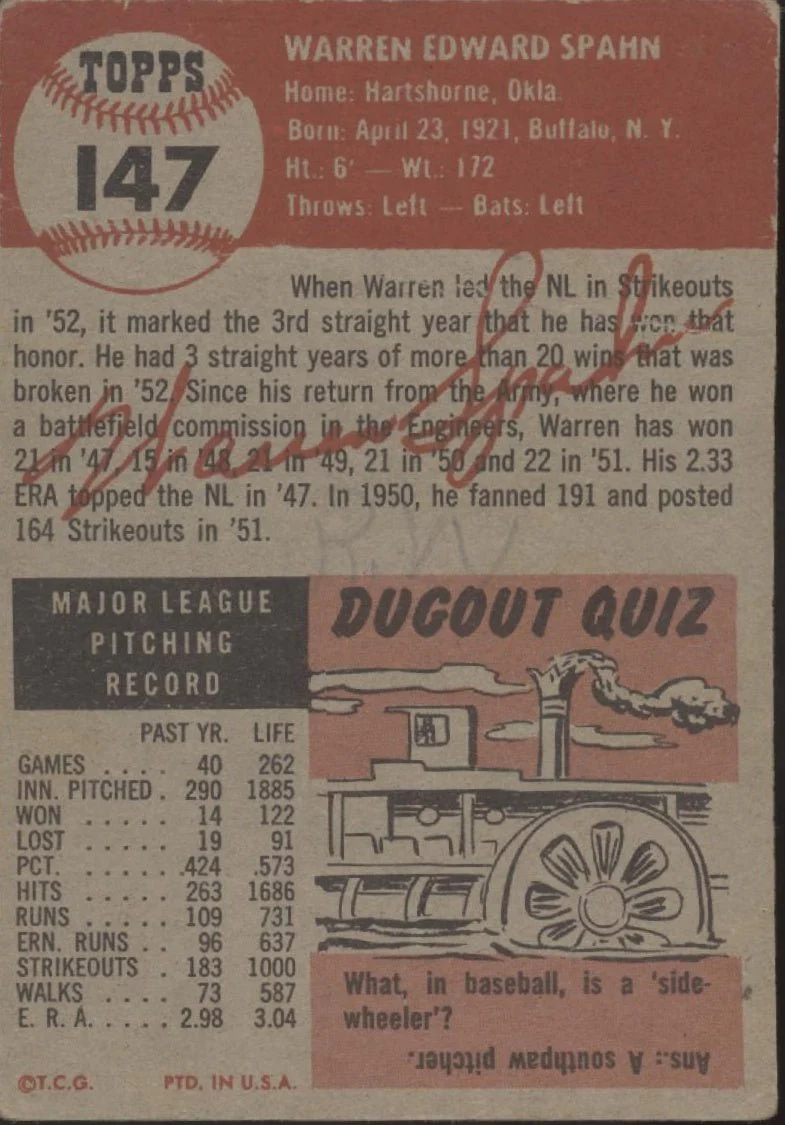 Warren Spahn 1953 Topps #147 Boston Braves GD - Image 2
