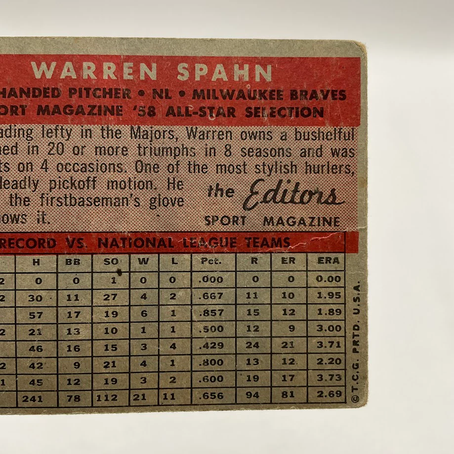 Warren Spahn 1958 Topps #494 Milwaukee Braves PR - Image 5