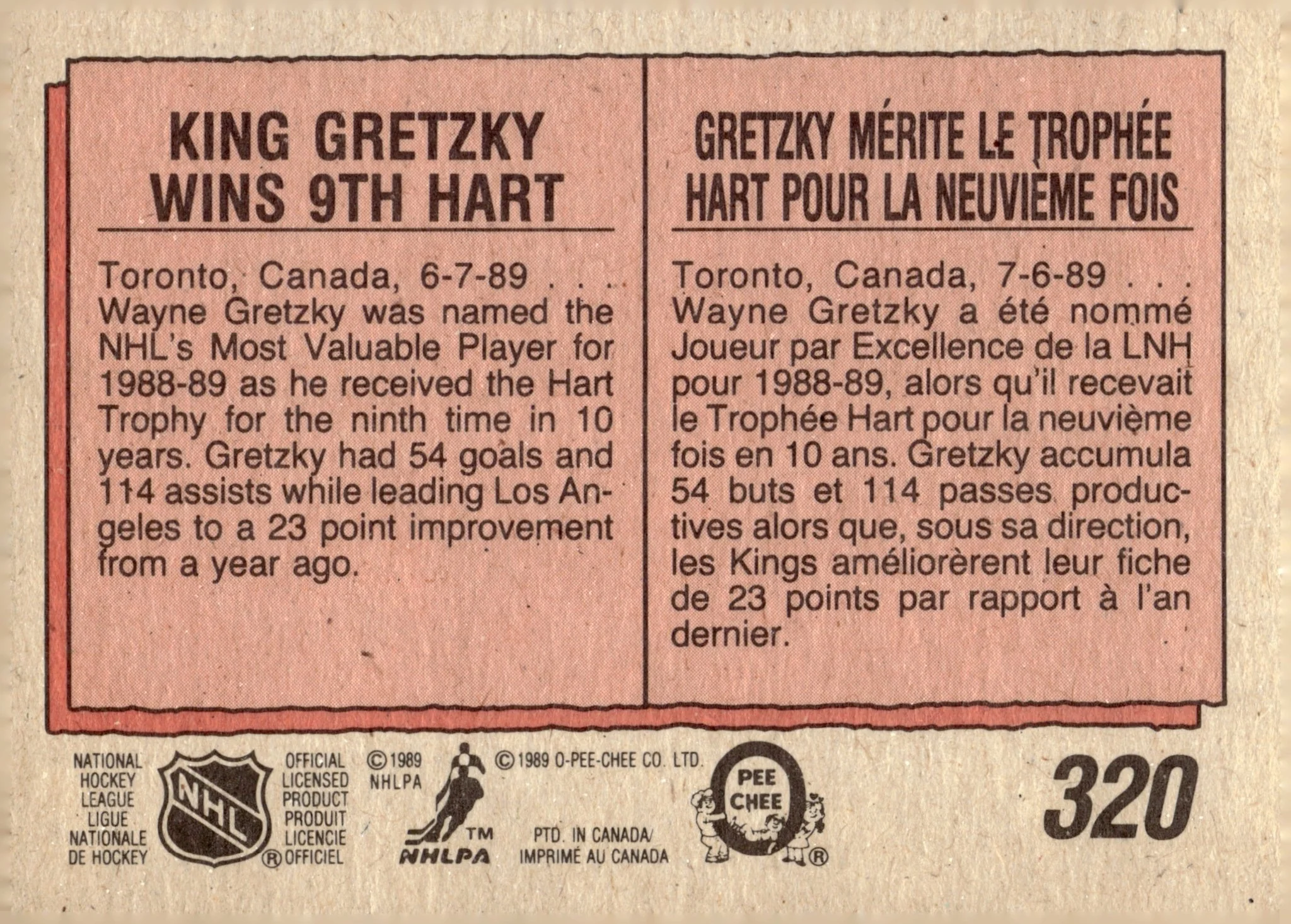 Wayne Gretzky 1989-90 O-Pee-Chee Hart Trophy #320 - Image 2