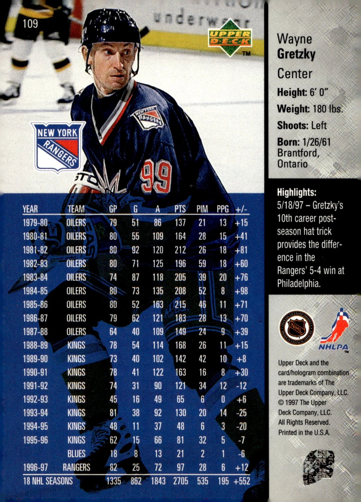 Wayne Gretzky 1997-98 Upper Deck Game Dated #109 - Image 2