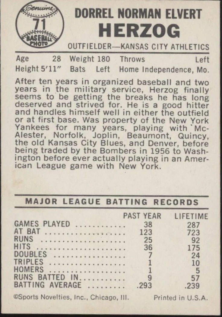 Whitey Herzog 1960 Leaf #71 Kansas City Athletics EX - Image 2