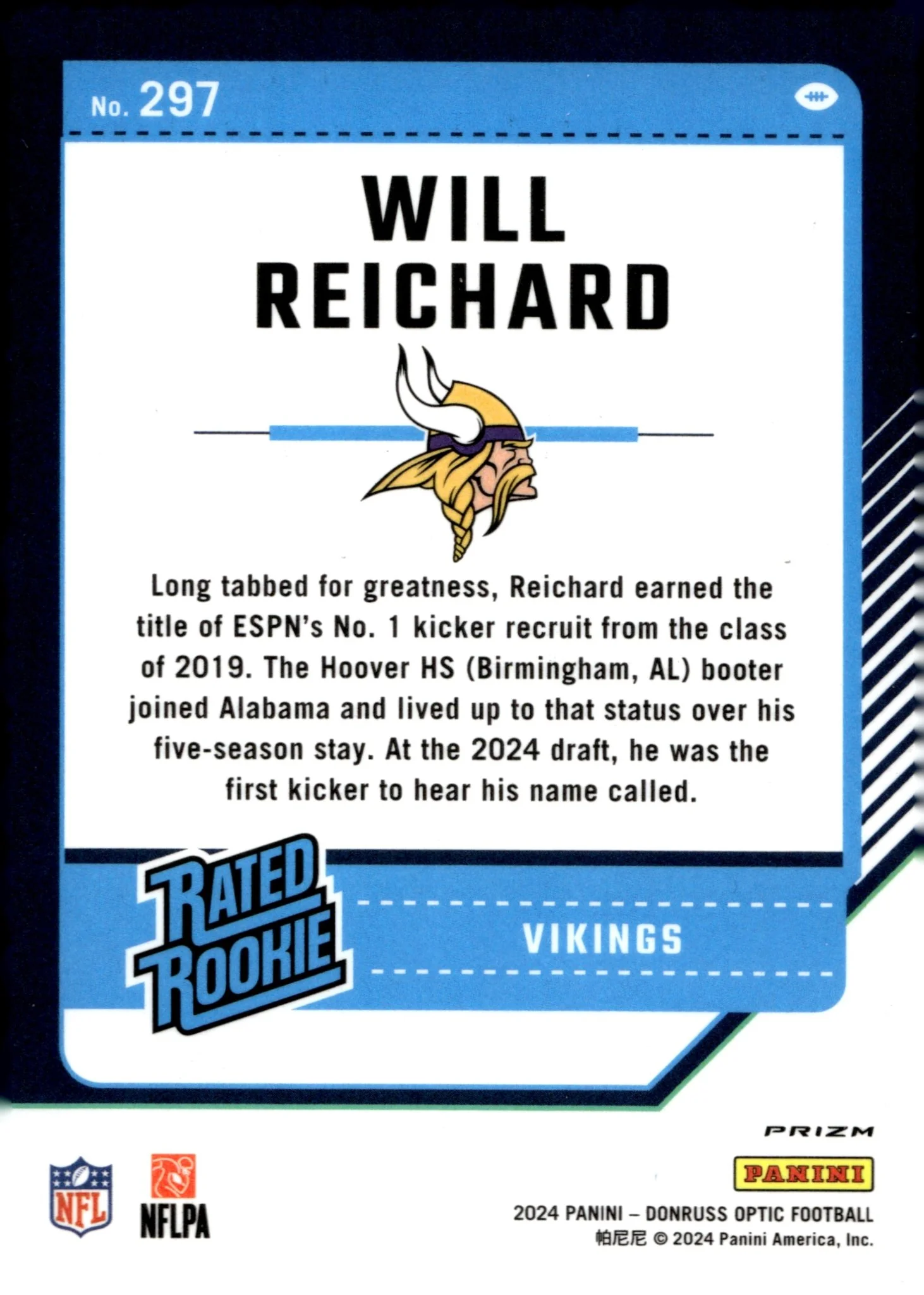 Will Reichard 2024 Panini Donruss Optic Rated Rookie Blue Scope Prizm RC #297 - Image 2