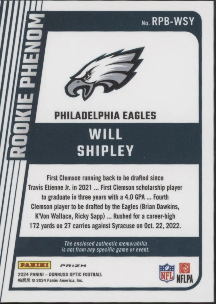 Will Shipley 2024 Panini Donruss Optic Rookie Phenom Blue Prizm Swatch RC - Image 2