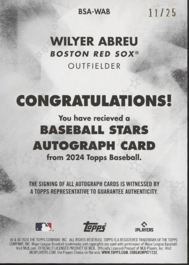 Wilyer Abreu 2024 Topps Series 1 Red Star RC Auto 11/25 #BSA-WAB - Image 2