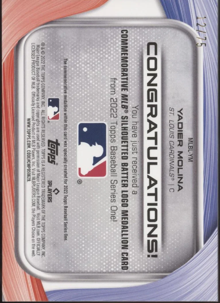 Yadier Molina 2022 Topps Series 1 Commemorative Silhouetted Gold Logo Medallion 12/75 - Image 2