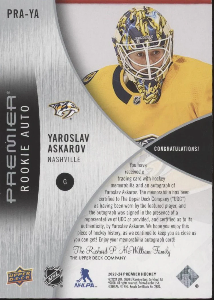Yaroslav Askarov 2023-24 Upper Deck Premier Swatch RC Auto 24/25 #PRA-YA - Image 2