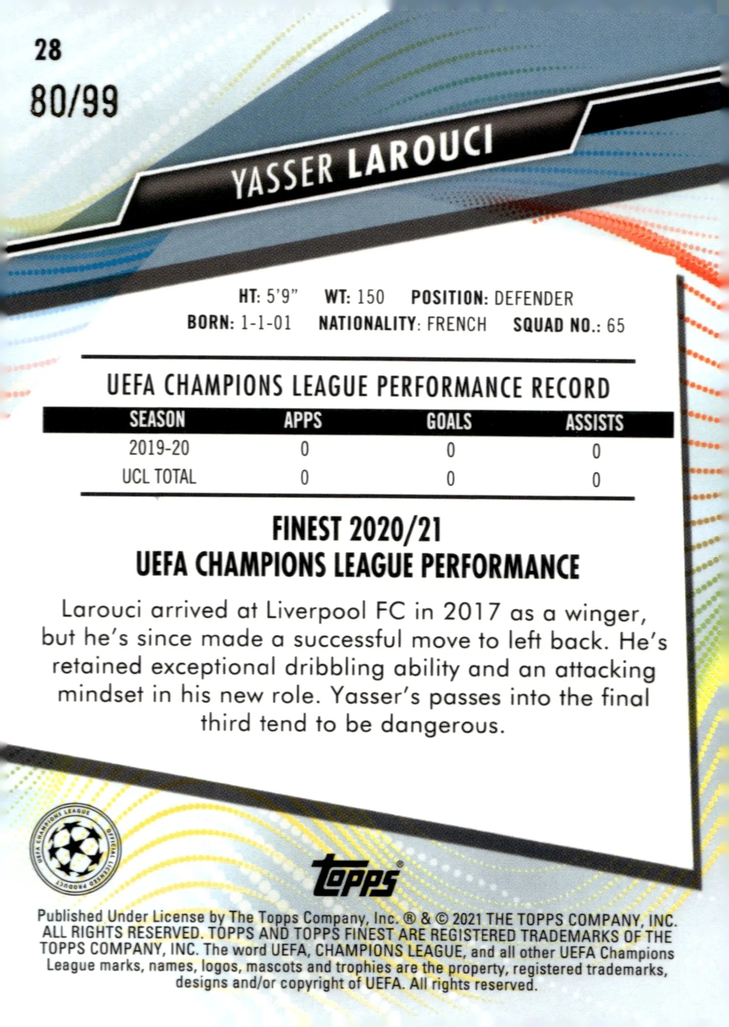Yasser Larouci 2020-21 Topps Finest UCL Green Refractor RC 80/99 #28 - Image 2