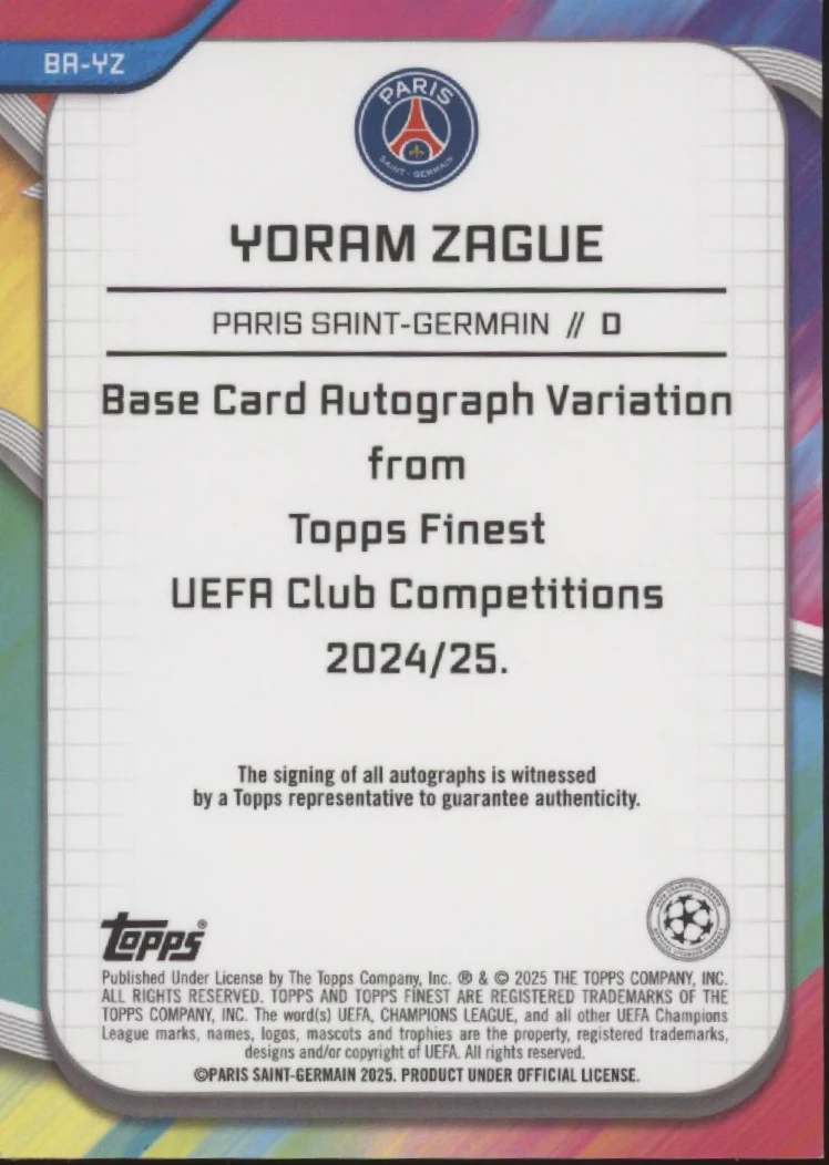 Yoram Zague 2024-25 Topps Finest UEFA CC Purple Lava Refractor RC Auto 190/199 - Image 2