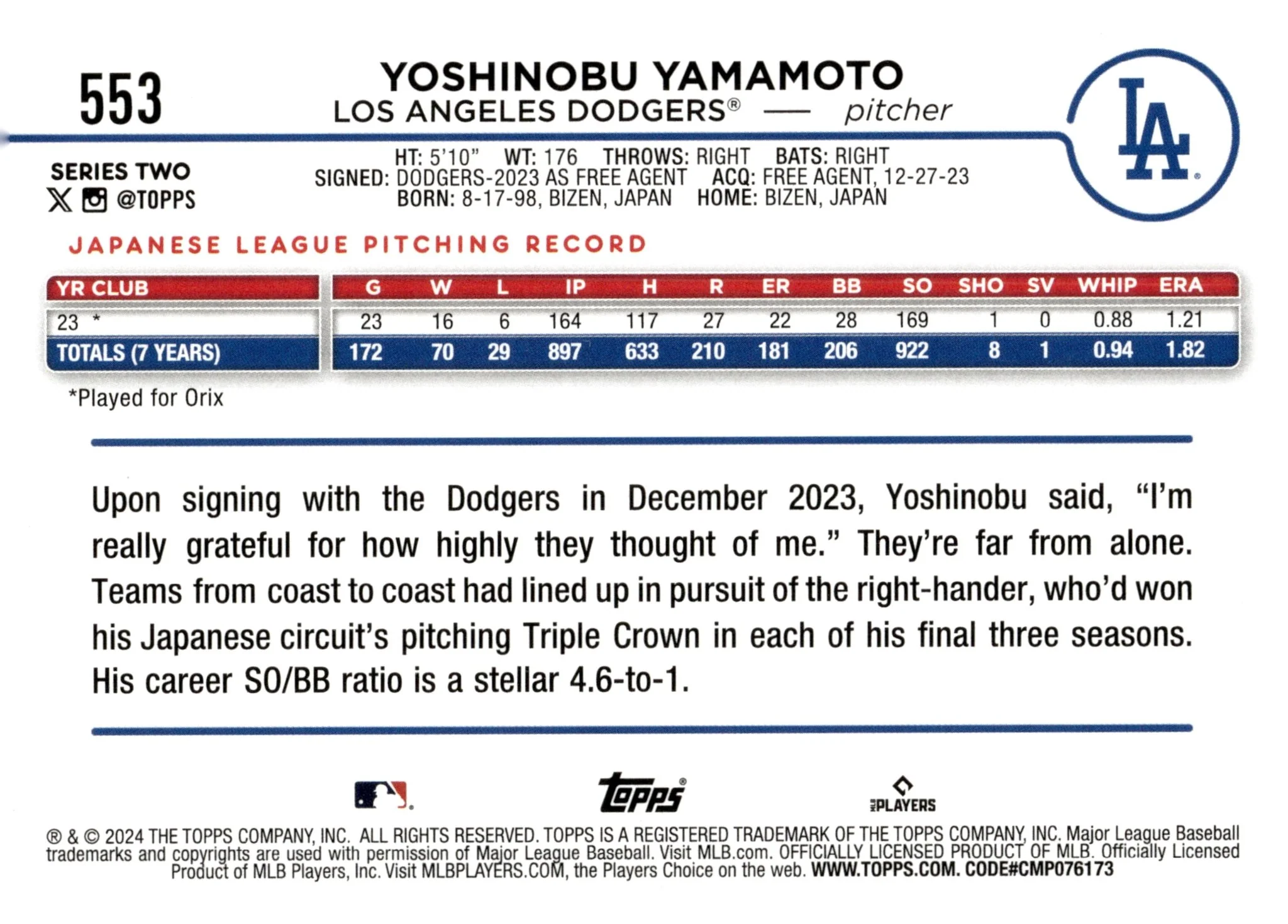 Yoshinobu Yamamoto 2024 Topps Series 2 RC #553 #2 - Image 2