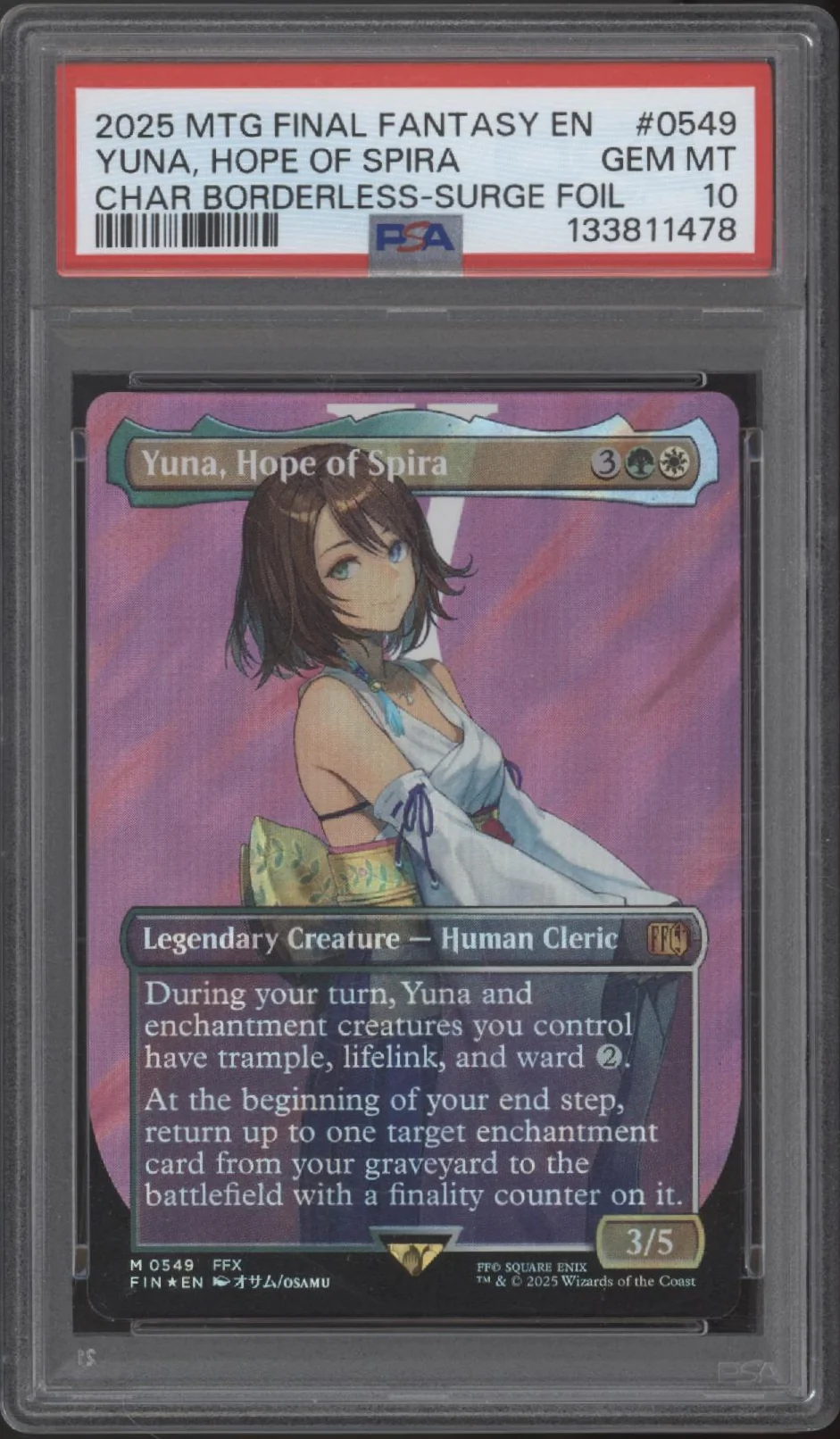 Yuna, Hope of Spira MTG Final Fantasy Character Borderless Surge Foil PSA 10