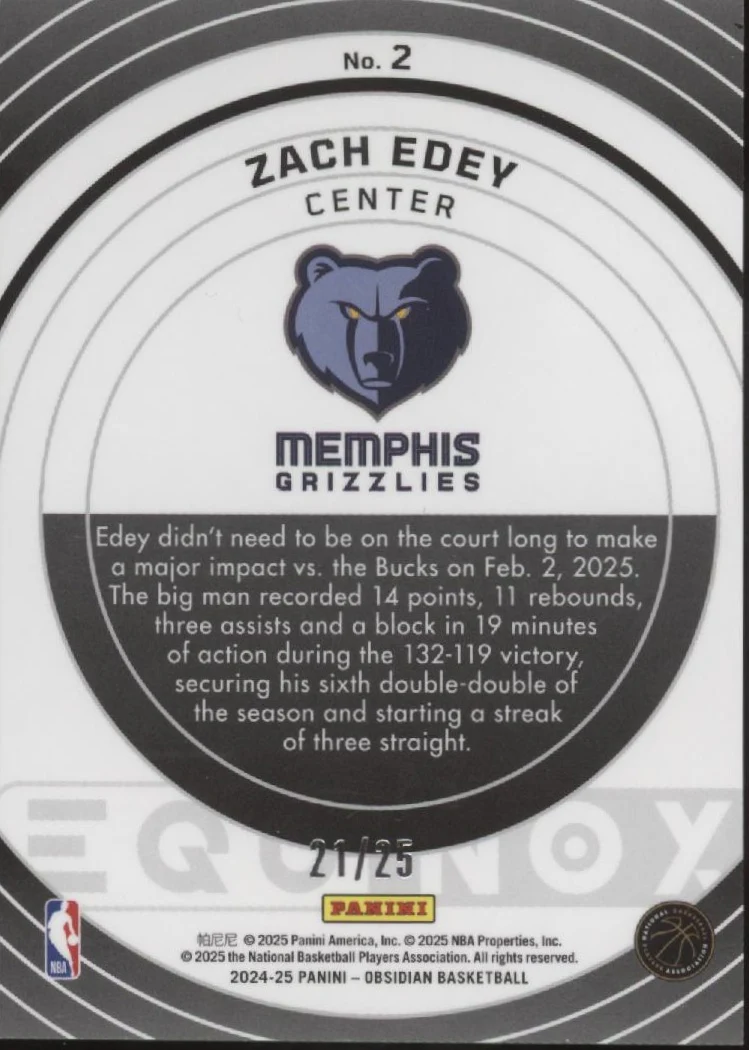 Zach Edey 2024-25 Panini Obsidian Equinox Green Prizm RC 21/25 #2 - Image 2