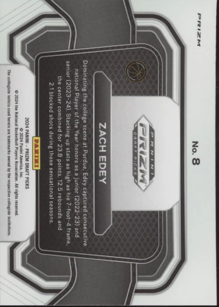 Zach Edey 2024 Panini Prizm Draft Picks Campus Legends Snake Prizm RC #8 - Image 2