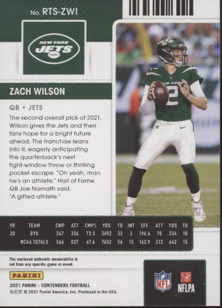 Zach Wilson 2021 Panini Contenders Rookie Ticket Swatch RC #RTS-ZWI - Image 2